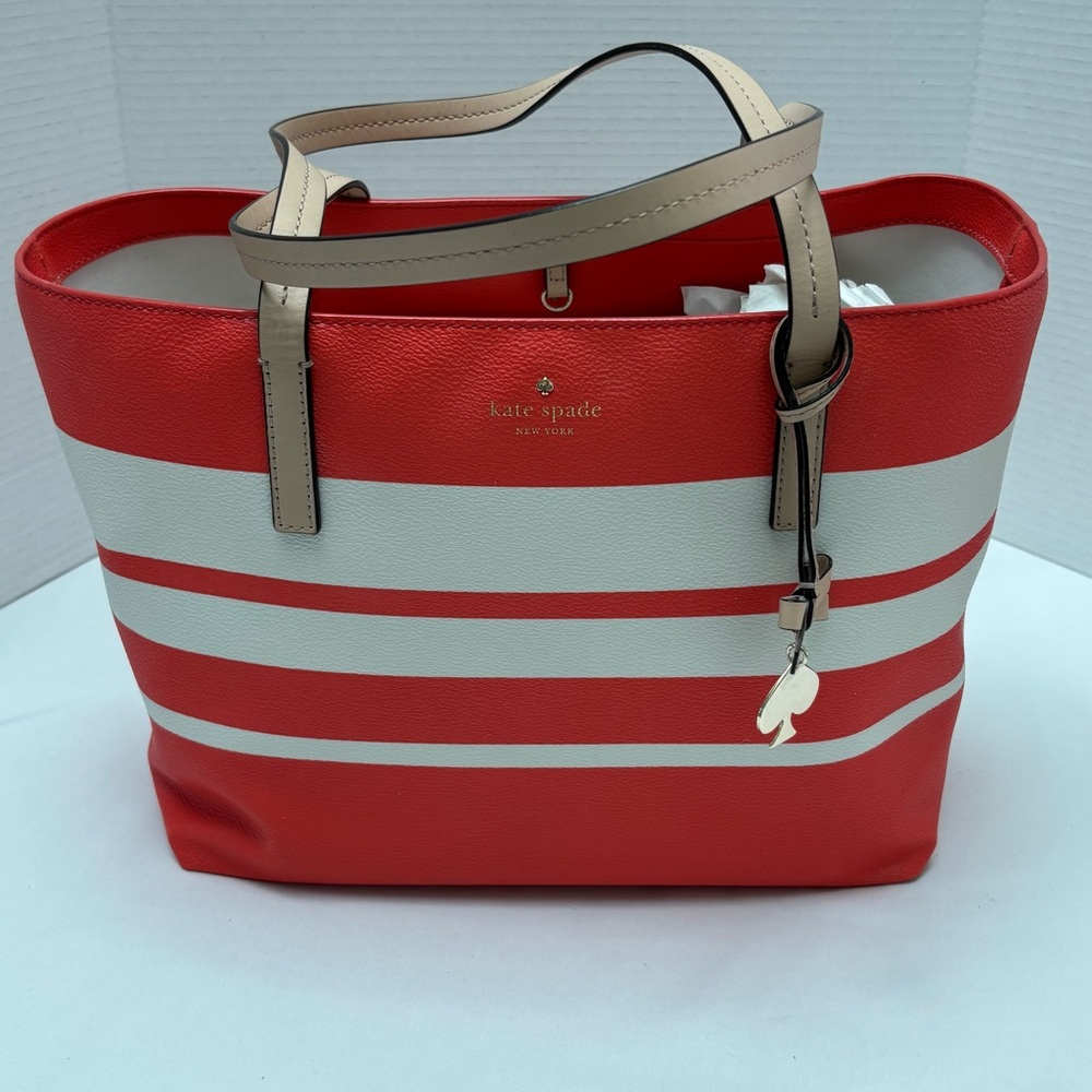 New Kate Spade New York Hawthorne Lane Ryan Orange and White Striped Tote Bag